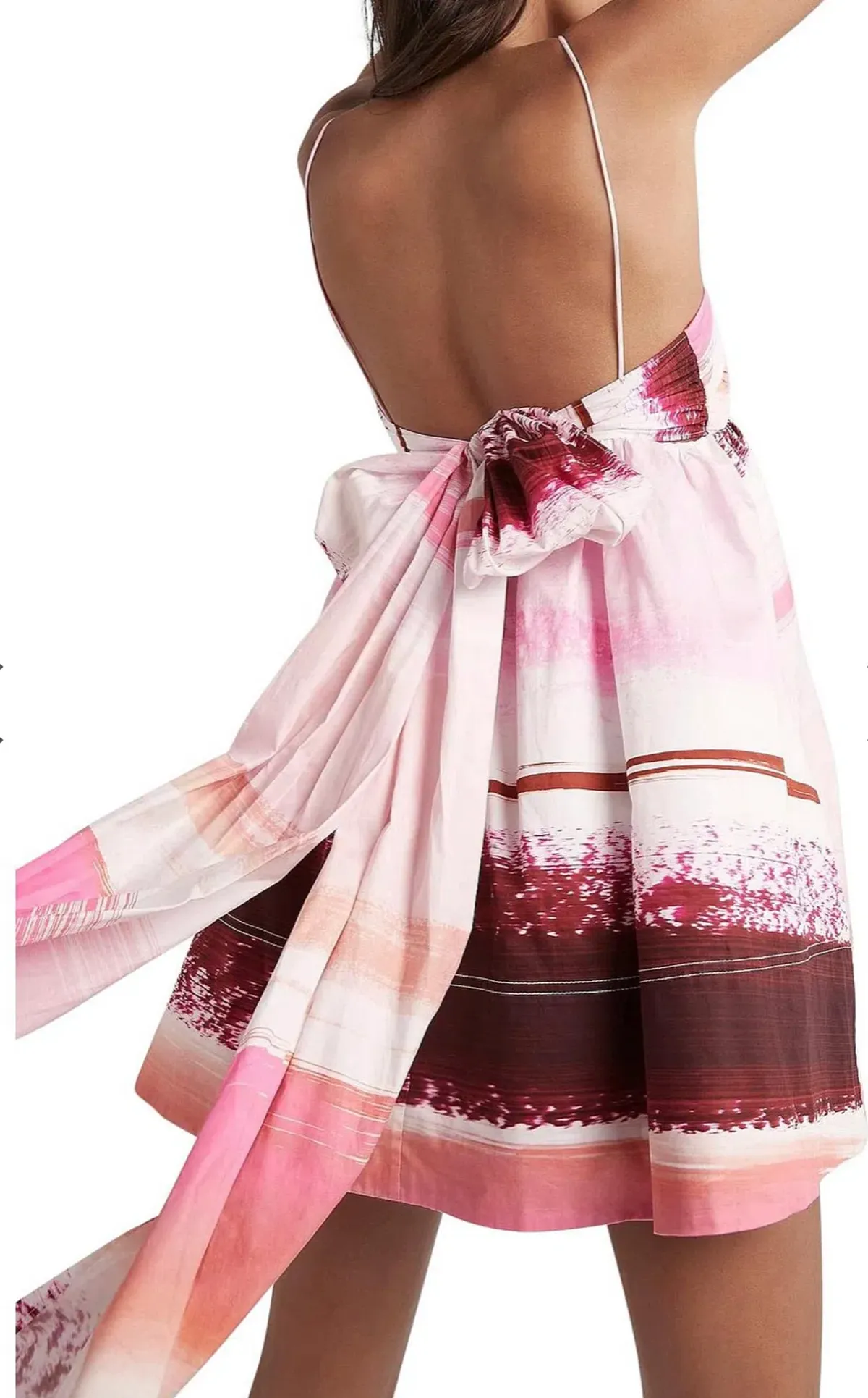 Aje Kasbah Sunset Stripe Ruched Bow Back Mini Dress Pink Print Size 4 - Image 3