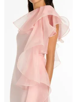 Carla Zampatti Peony Crepe Ruffle Shoulder Gown Pink Size AU 10 for rent on The Volte - image 3