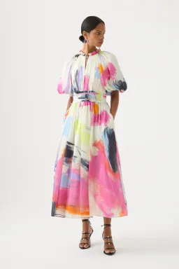 Aje Elysium Blouson Midi Dress Abstract Sunset Size 8 for rent on The Volte - image 1