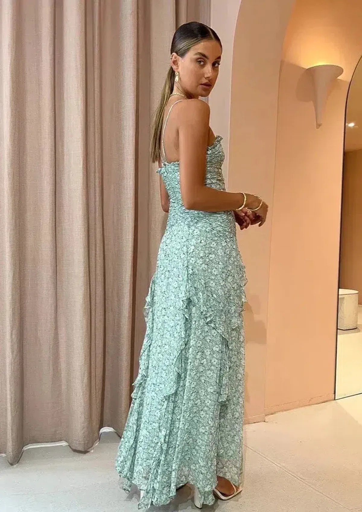 Shona Joy Aurore Ruched Frill Maxi Dress Green Floral - Size 10 - Image 3