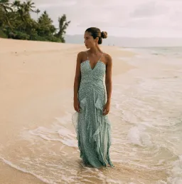 Shona Joy Aurore Ruched Frill Maxi Dress Green Floral - Size 10 for rent on The Volte - image 1