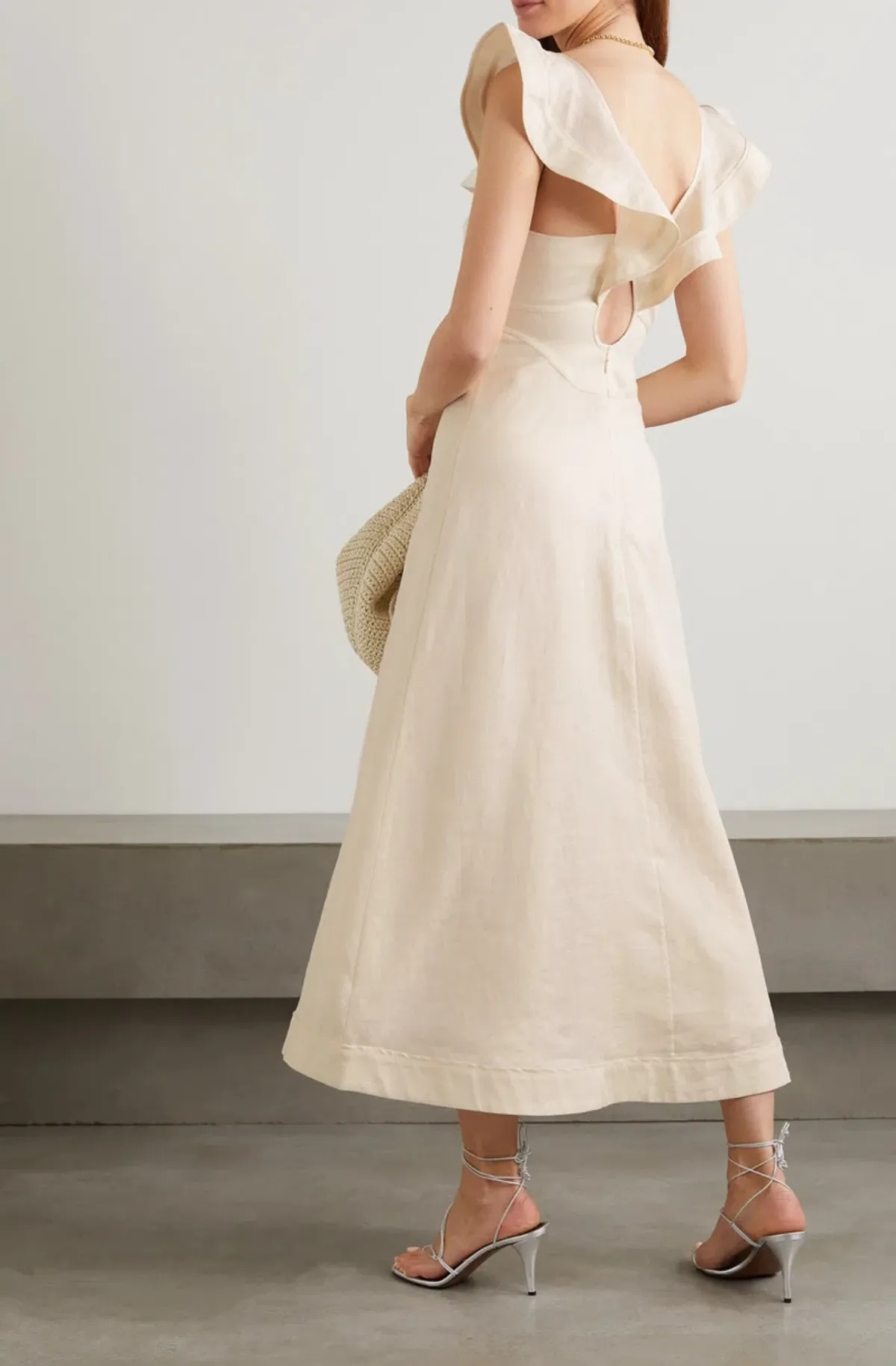 Zimmermann Halcyon Cutout Ruffled Shell-Embellished Linen Midi Dress Cream Size 3 /Best Fits AU 12 - Image 2