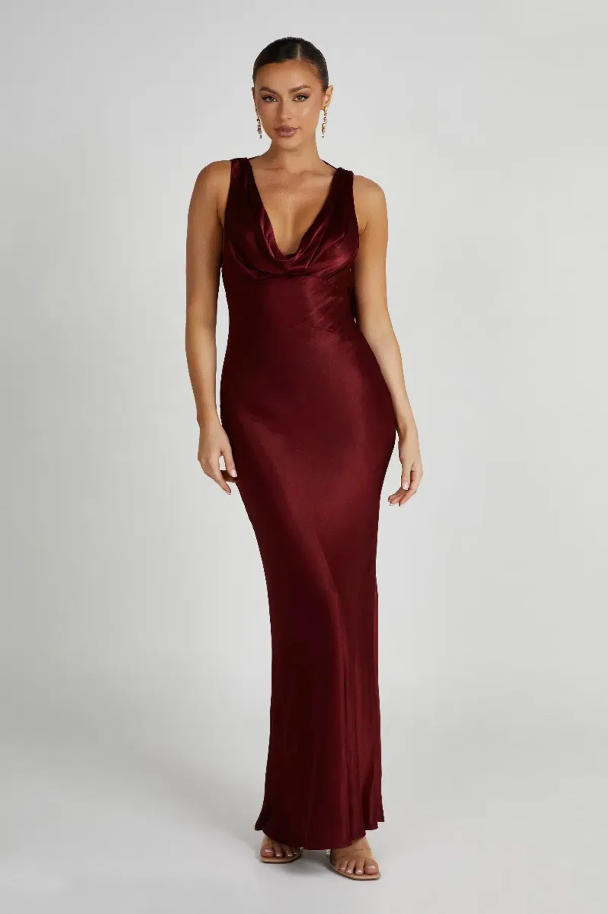 MESHKI Angelique Satin Cowl Back Maxi Dress Berry in Size S / AU 8 - Image 1