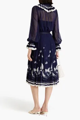  Zimmermann Pleated Tie Neck Midi Dress Moonlight Sailboats Size 0P / AU 6  for rent on The Volte - image 2