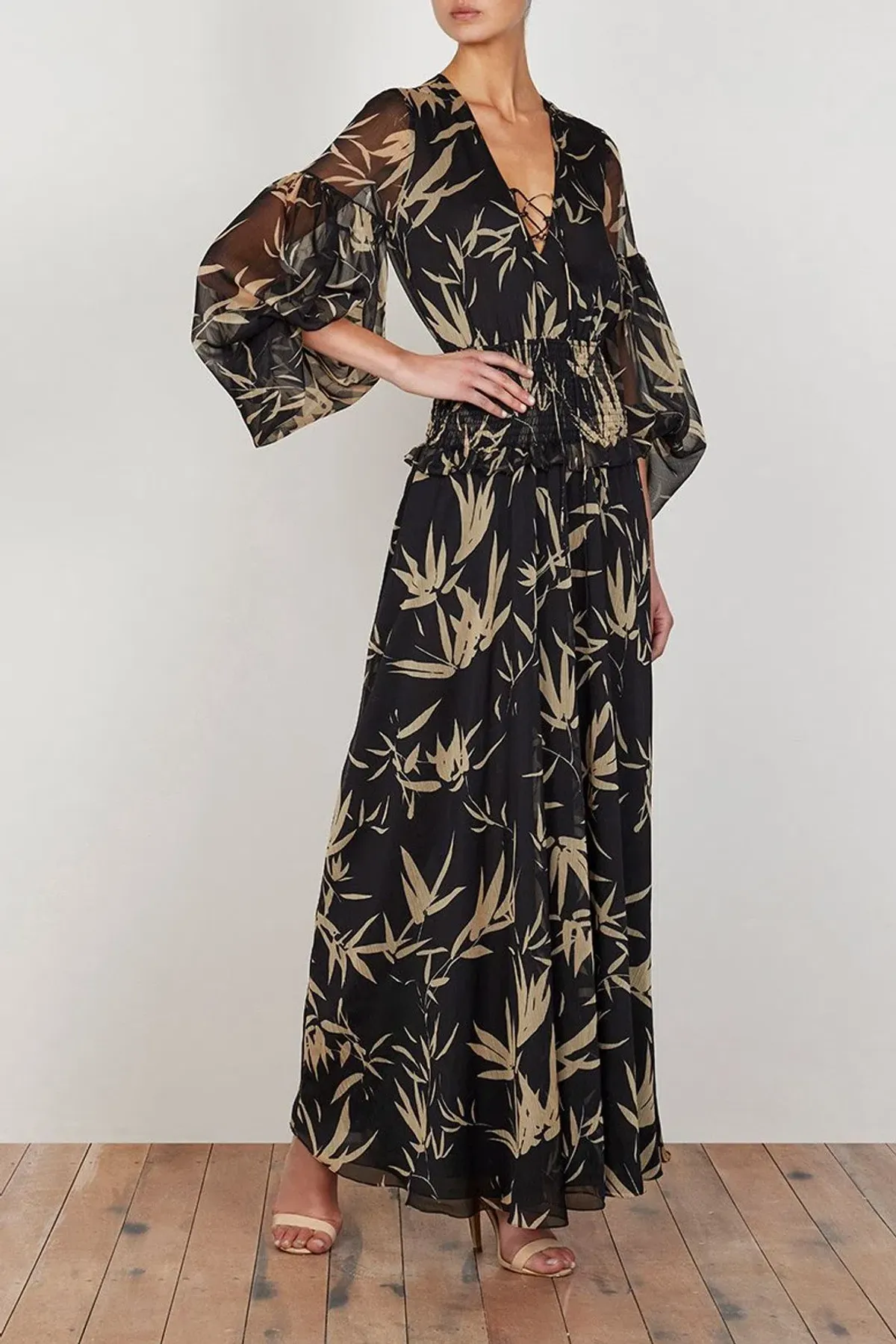 Shona Joy Monterey Shirred Lace Up Maxi Dress in Black/Wheat Print Size AU 8 - Image 3