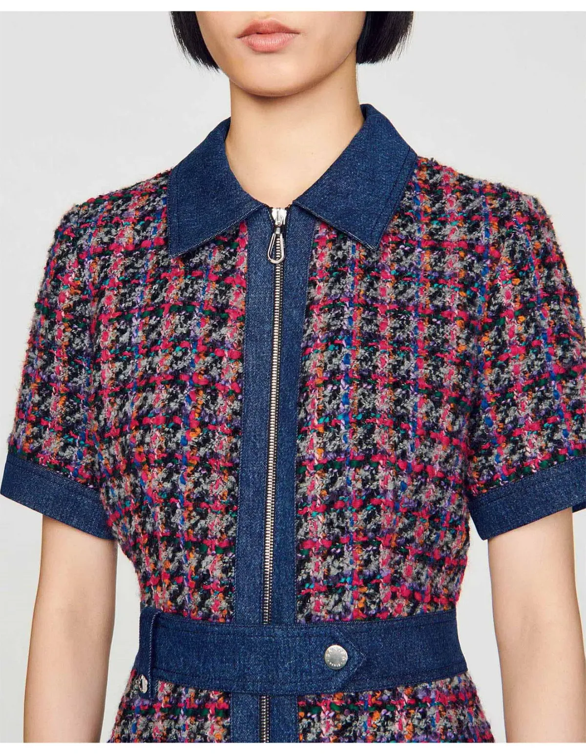 Sandro Denim Tweed Mini Dress Multi Size 12 AU - Image 5