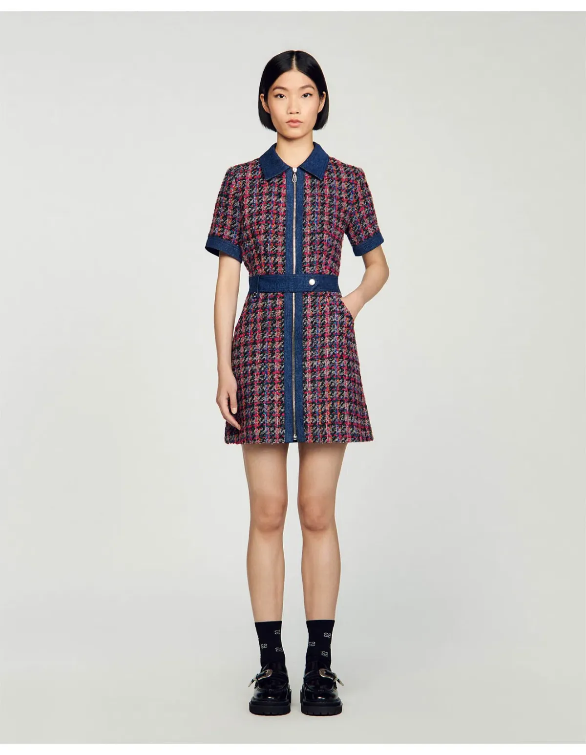 Sandro Denim Tweed Mini Dress Multi Size 12 AU - Image 6