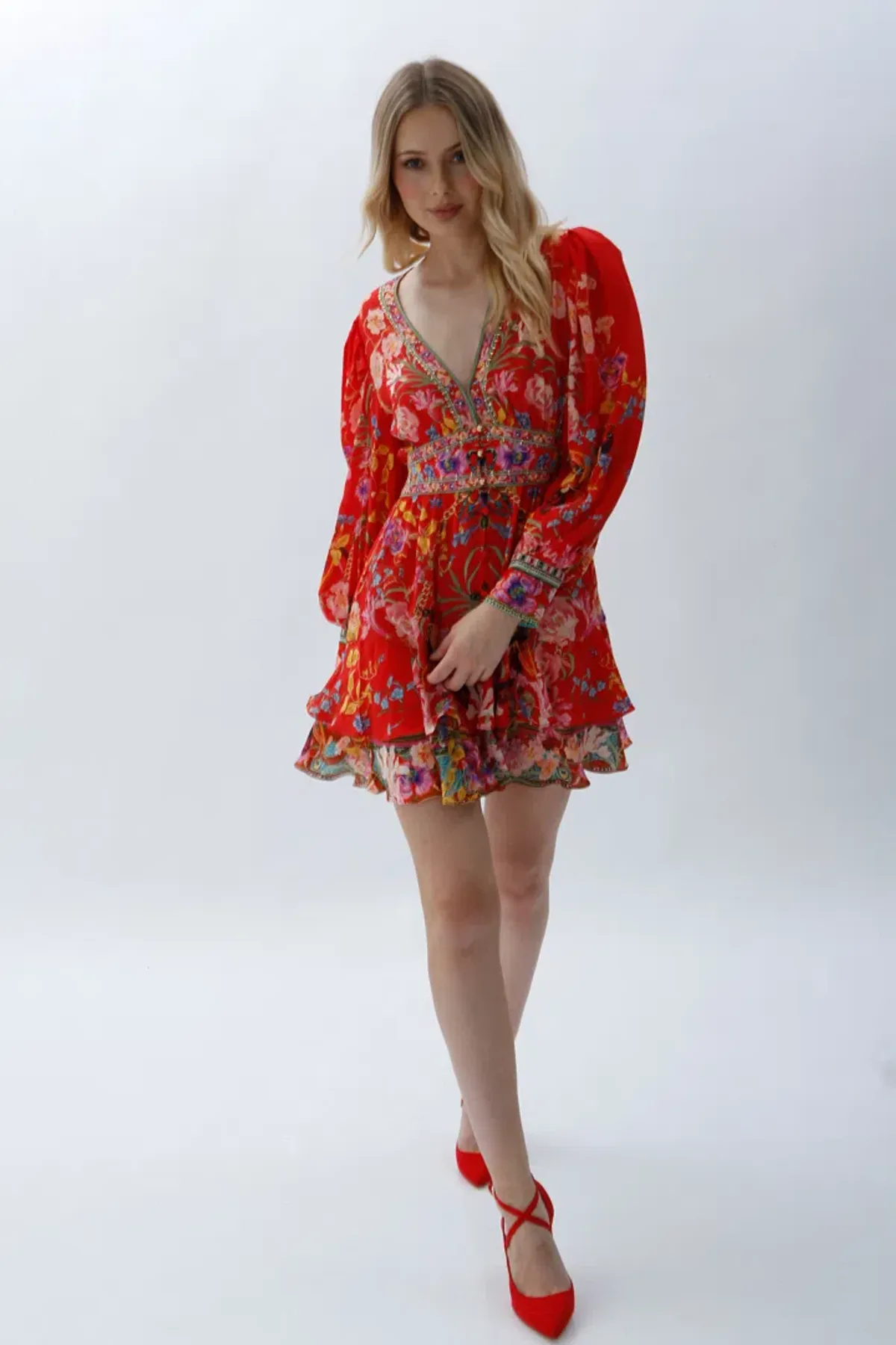 Camilla Button Front Frill Short Dress in Ruffle Some Feathers Print Size 10 - Image 1