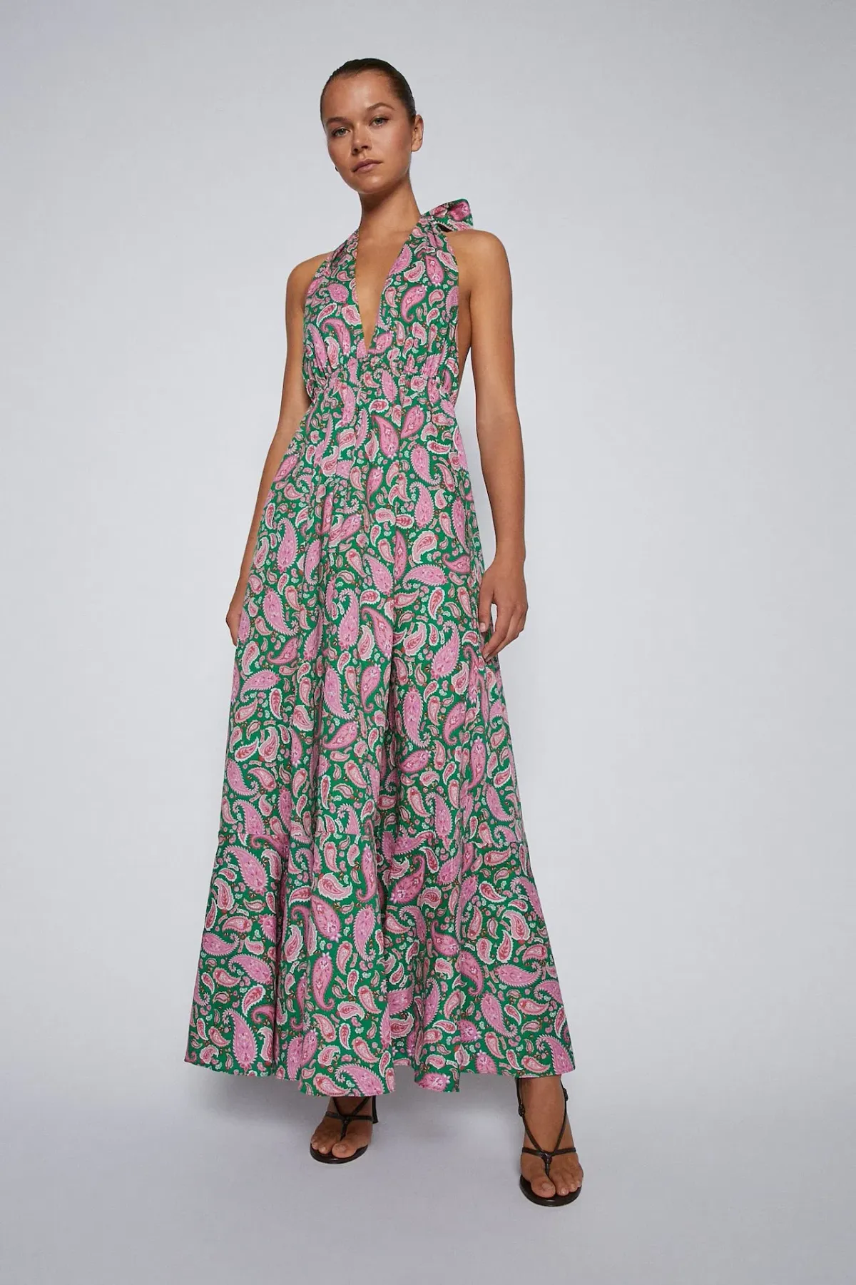 Scanlan Theodore Paisley Halter Maxi Dress Green Pink Size 6 - Image 1