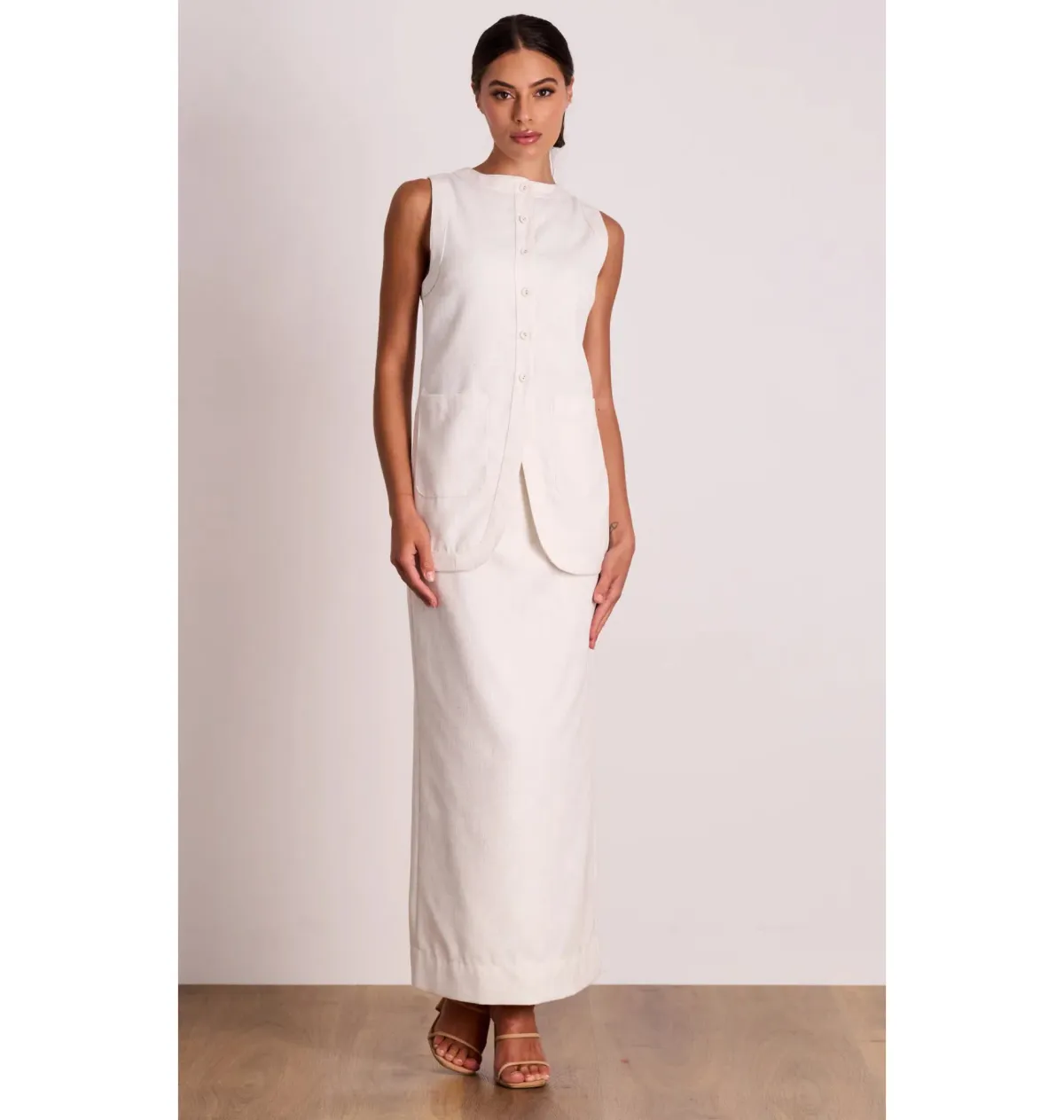 Pasduchas Weekender Linen Vest and Skirt Oat Size AU 14 - Image 1