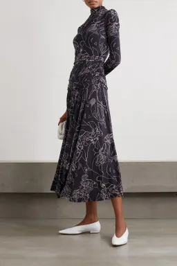 Victoria Beckham Pleated Printed Stretch Crepe Turtleneck Maxi Dress Navy Size 10 for rent on The Volte - image 3