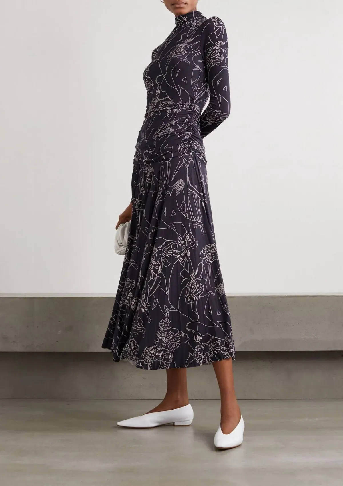 Victoria Beckham Pleated Printed Stretch Crepe Turtleneck Maxi Dress Navy Size 10 - Image 1