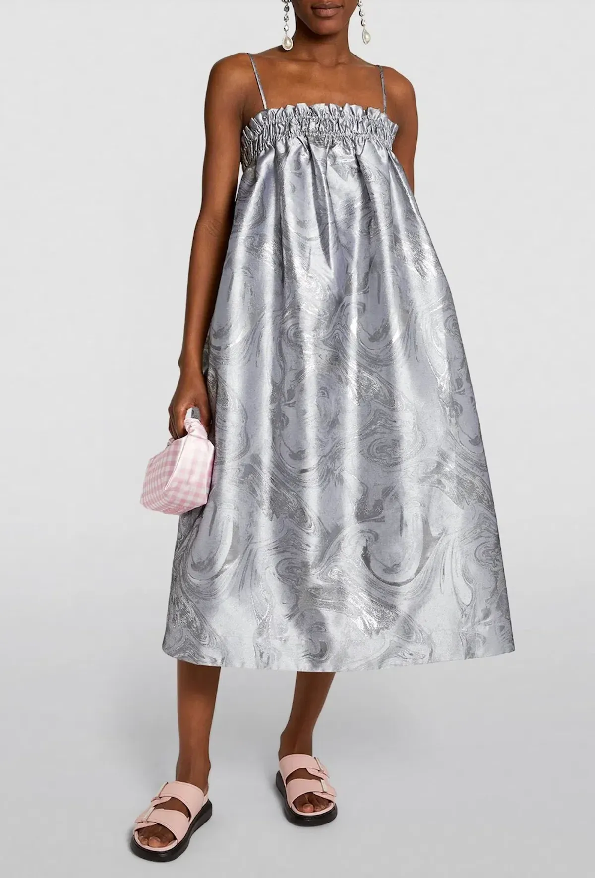Ganni Shiny Jacquard Strap Dress Sliver Metallic Size 10 - Image 2