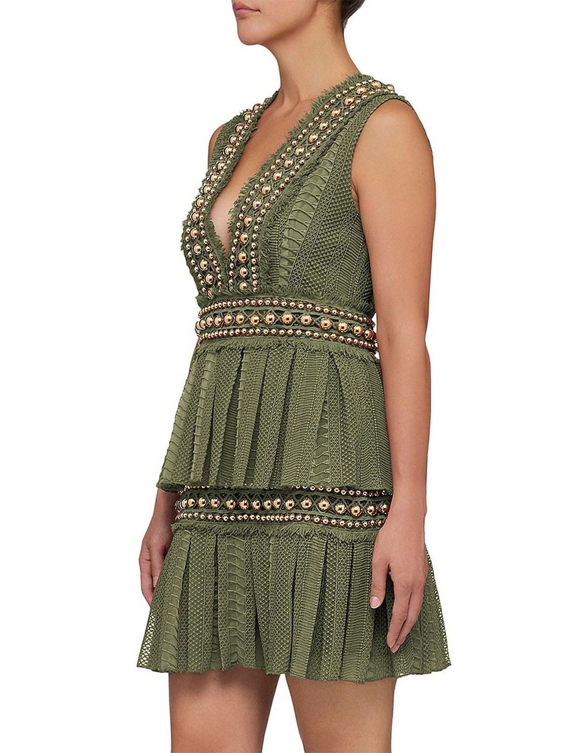 Khaki Lace Pleat Mini Dress Size 8 - Image 2