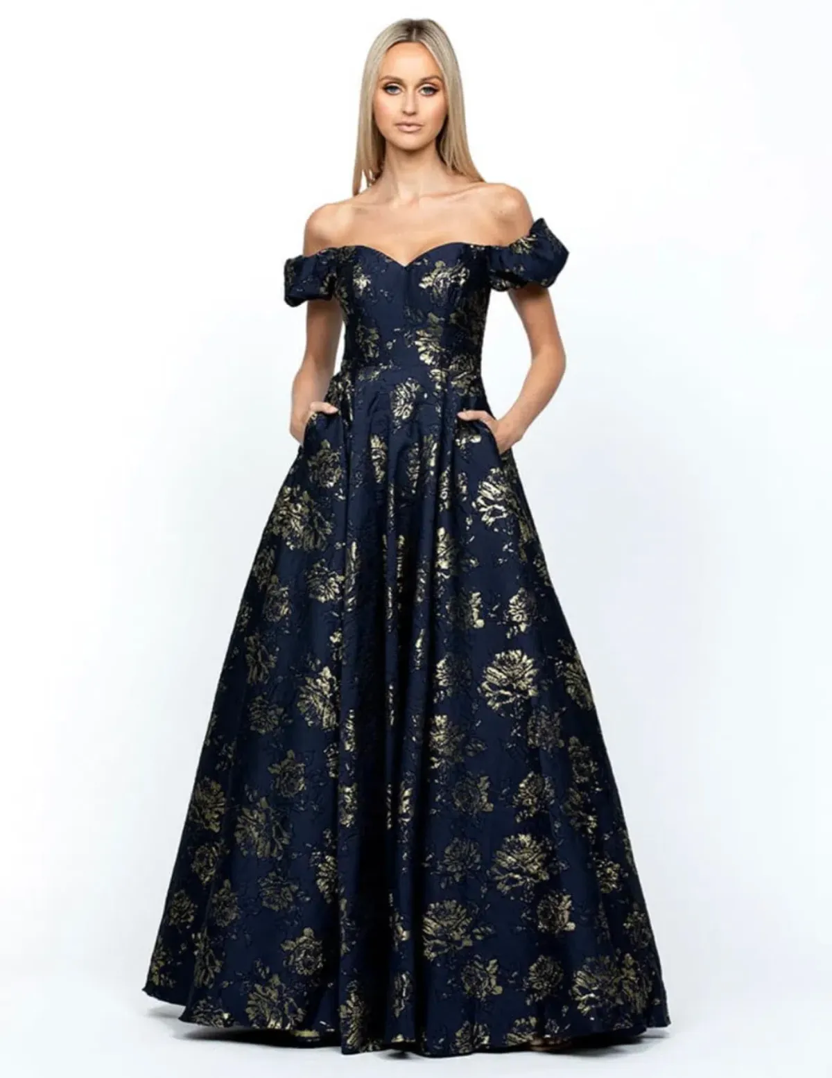 Bariano Sandy Sweetheart Off Shoulder Gown Navy/Gold Size 16 - Image 4