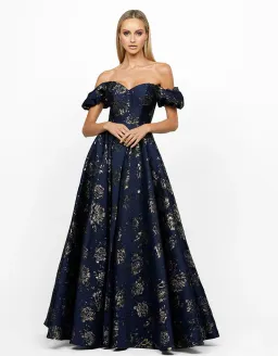 Bariano Sandy Sweetheart Off Shoulder Gown Navy/Gold Size 16 for rent on The Volte - image 1