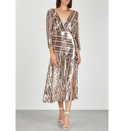 Rixo London Tyra Striped Sequined Crepe Midi Dress in Multi Size AU M for rent on The Volte - image 1