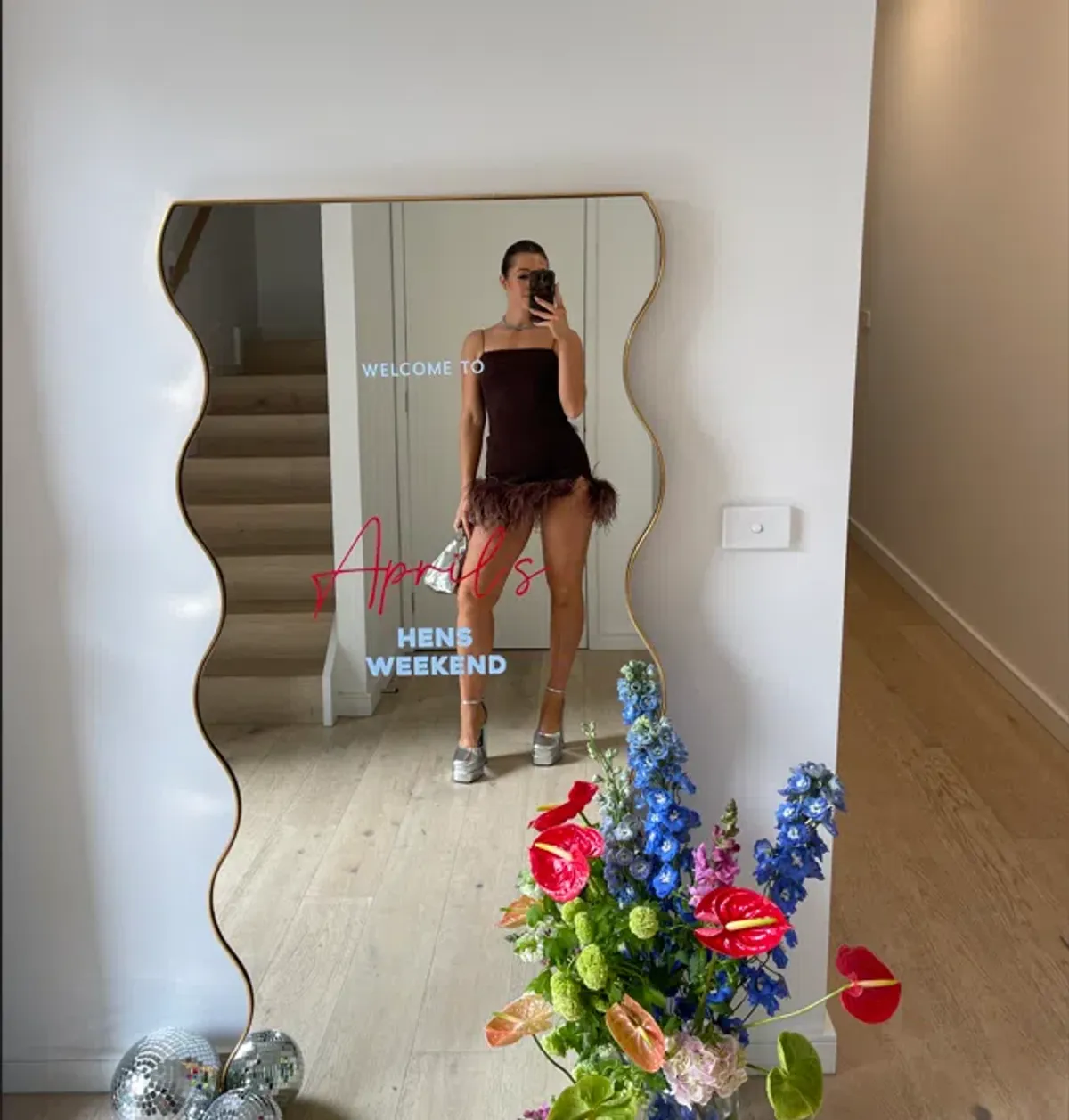 Oséree Feather Trim Glitter Mini Dress Brown Size 10 - Image 4