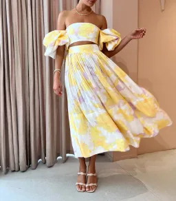 Leo Lin Simone Puff Top and Elina Pleated Midi Skirt Set Jasmine Print in Sun Size 8 for rent on The Volte - image 1