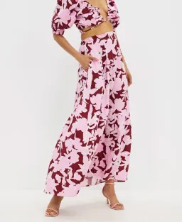 Aere Gathering Detail Linen Top Size 8 & Tiered Linen Maxi Skirt Size 10 Set in Malina Print for rent on The Volte - image 3