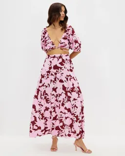 Aere Gathering Detail Linen Top Size 8 & Tiered Linen Maxi Skirt Size 10 Set in Malina Print for rent on The Volte - image 1