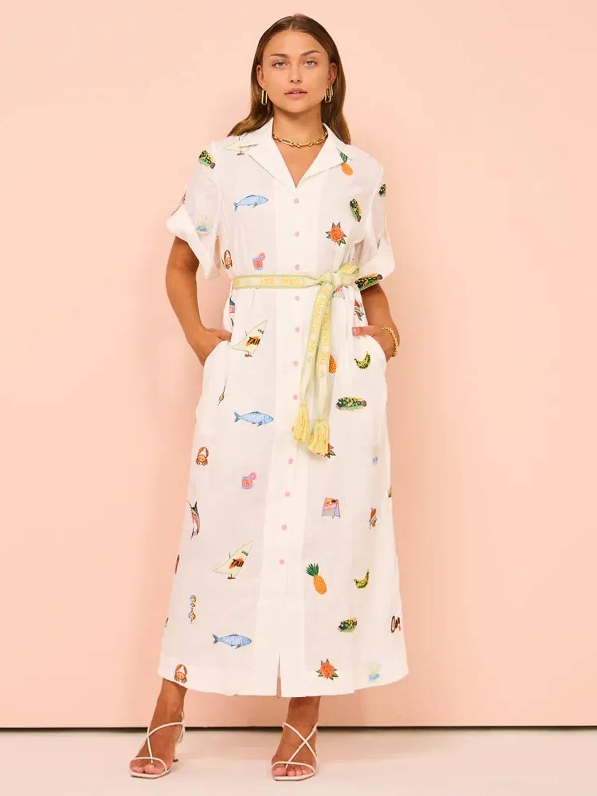 Alemais Blue Marlin Embroidered Dress In Cream Print Size 8 - Image 1