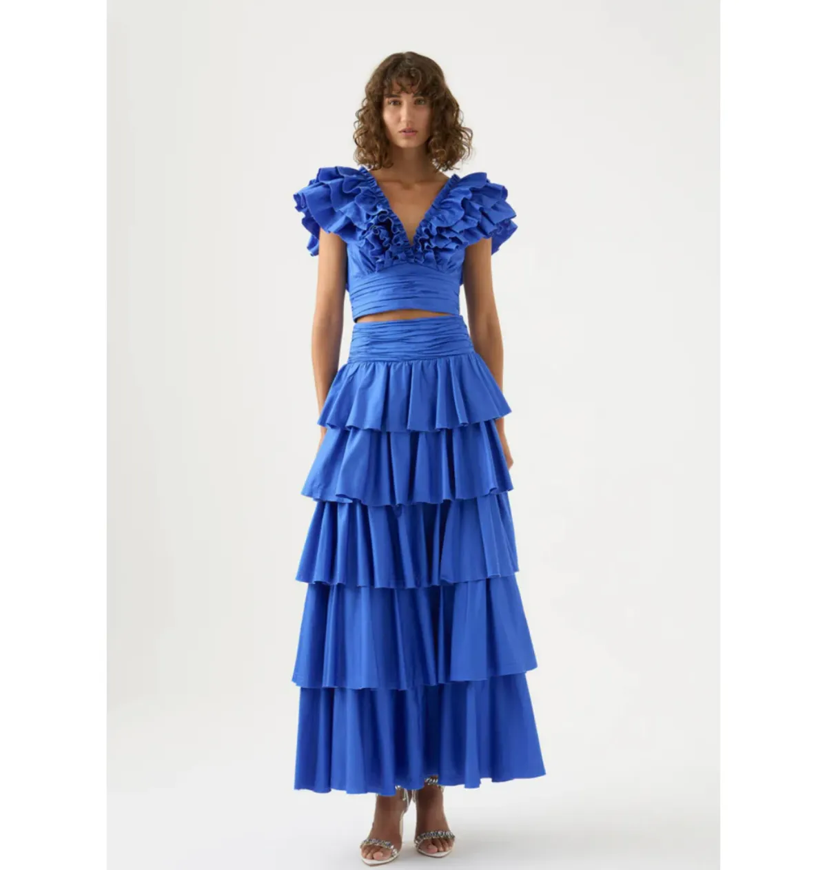 Aje Rhythmic Frill Bodice Size AU 8 & Eleni Tiered Maxi Skirt Size AU 10 Set Blue - Image 1