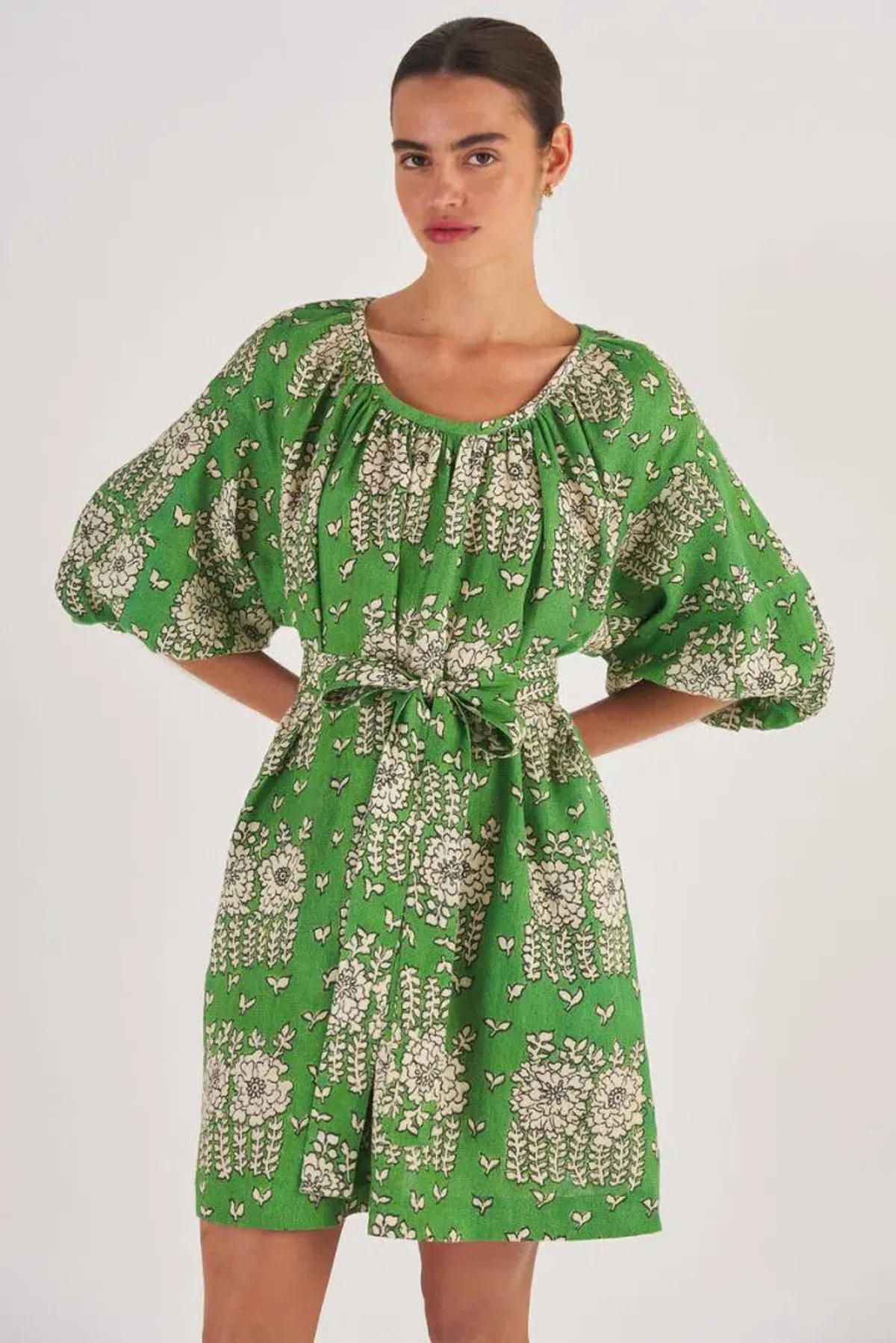 Oroton Full Sleeve Posie Print Mini Sun Dress Green Floral Size 12 - Image 1