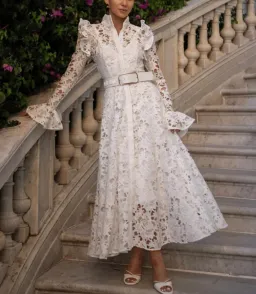 Leo Lin Aliyah Lace Butterfly Sleeve Midi Dress Snow Size 10 for rent on The Volte - image 1