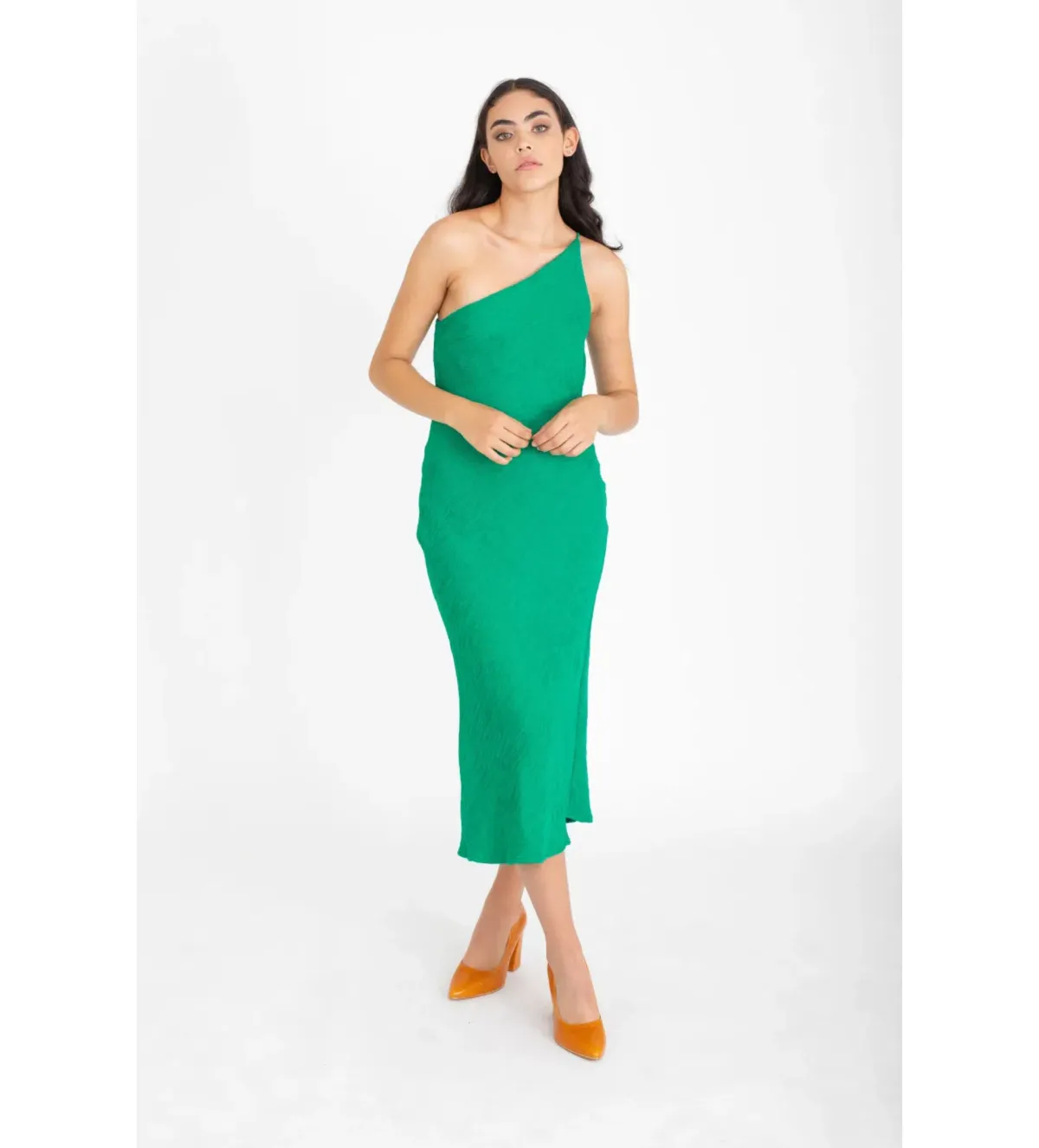 By Johnny Asymmetric Crimp Bias Midi Dress Green Size 10 - Image 1