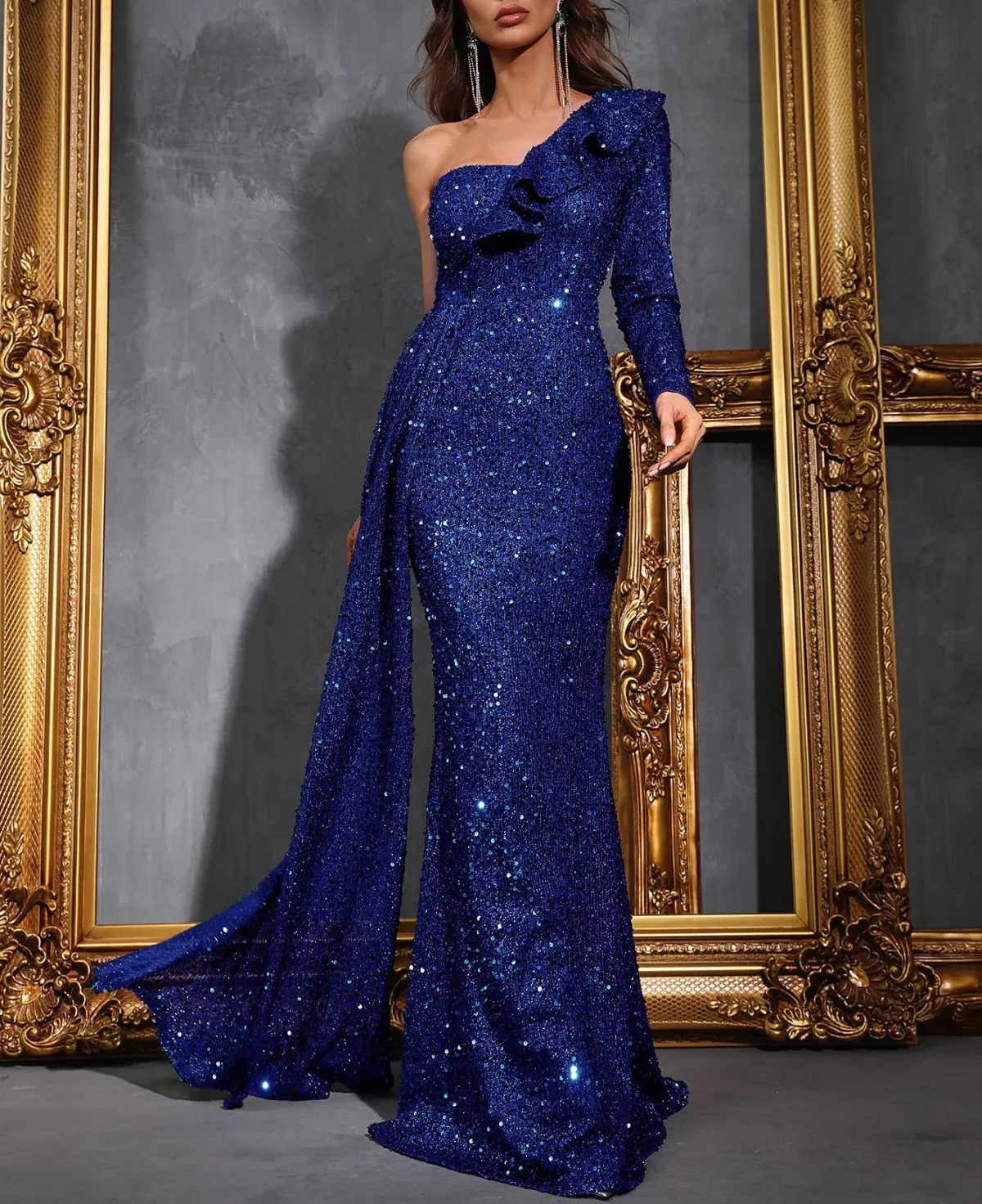 Glamorous One Shoulder Sequence Gown Blue Size 6 - Image 1