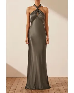 Shona Joy La Lune High Neck Twist Maxi Dress Olive Size AU 10 for rent on The Volte - image 1