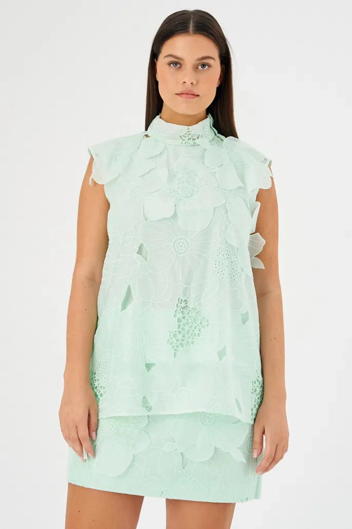 Oroton Tie Neck Lace Top Size AU 8 & Lace Mini Skirt Size AU 10 Set Sea Spray - Image 4