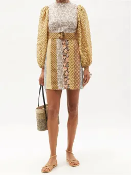 Zimmermann High Neck Patchwork Linen Mini Dress Brown Stripe Size 1 / AU 10 for rent on The Volte - image 1