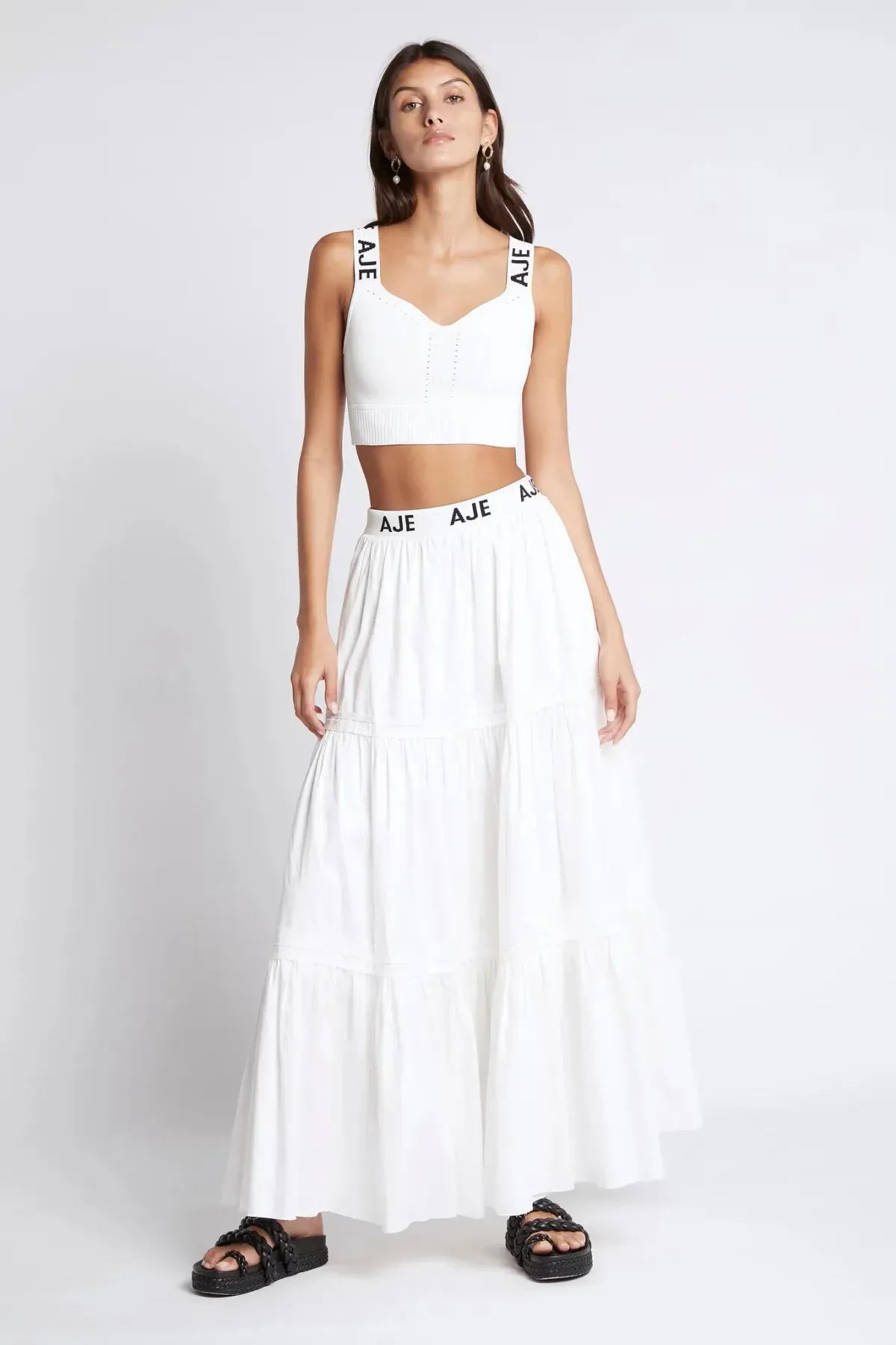 Aje Bardot Logo Tiered Midi Skirt White Size 6 - Image 2