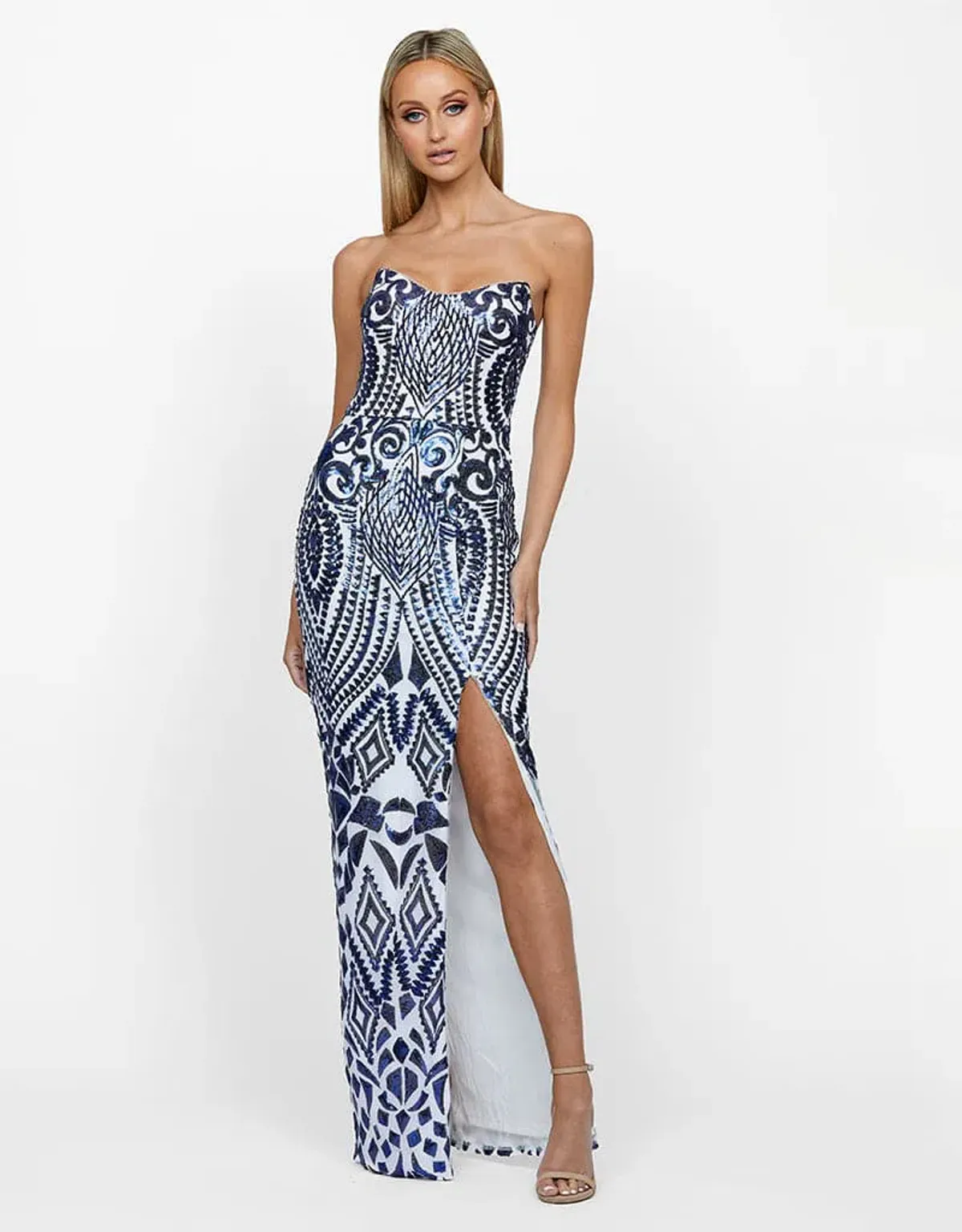 Bariano In the Sky Scoop Neck Sequin Gown Navy/White Size 10 - Image 1