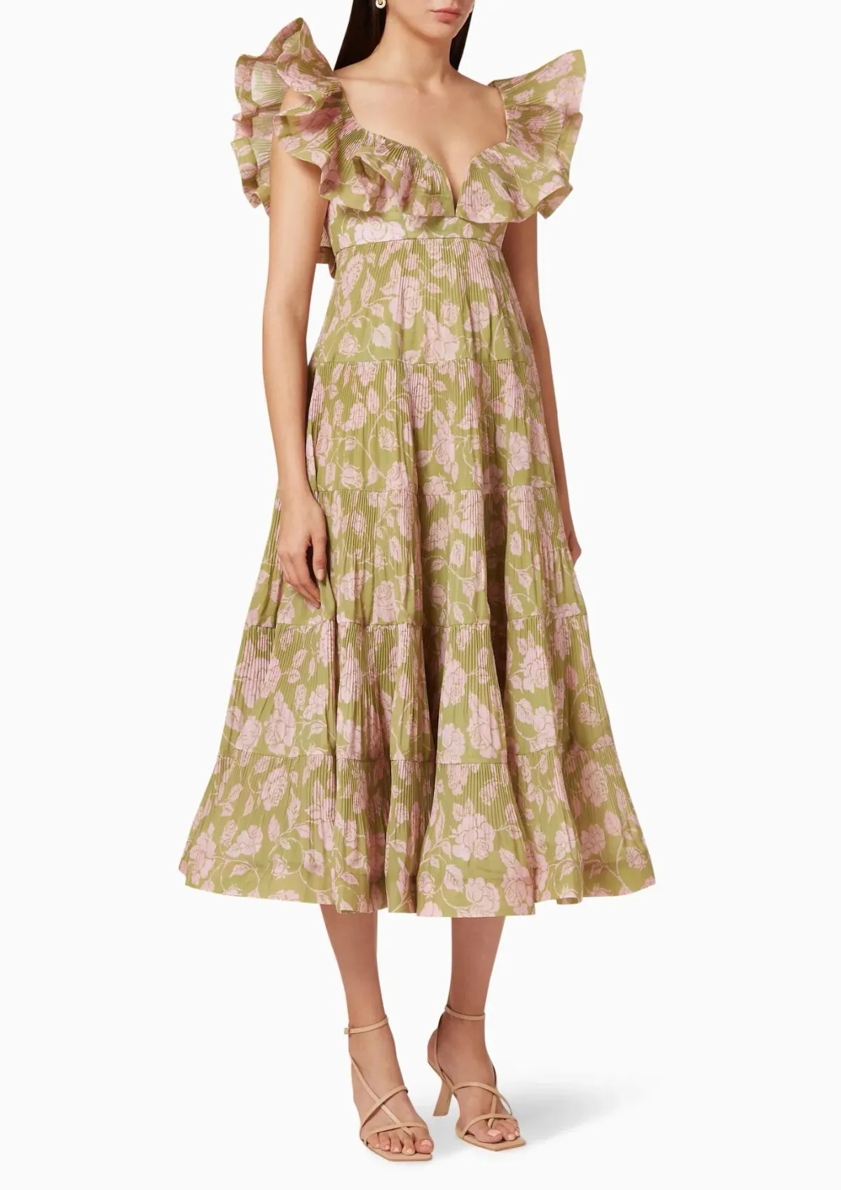 Zimmermann The Lovestruck Pleated Gown Olive/Pink Rose Size 0/ AU 8  - Image 1
