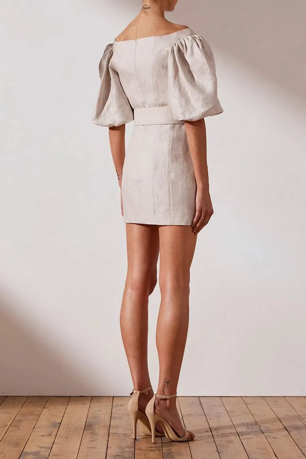 Shona Joy Hamilton Off The Shoulder Fitted Mini Dress Natural Stone Size 10 - Image 3