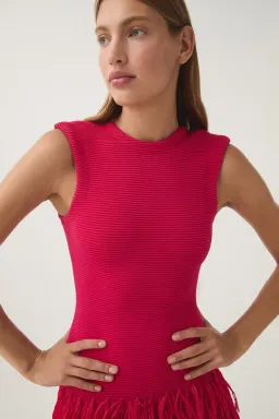 Aje Rushes Raffia Knit Mini Dress Deep Fuschia Size S /Au 8 for rent on The Volte - image 2