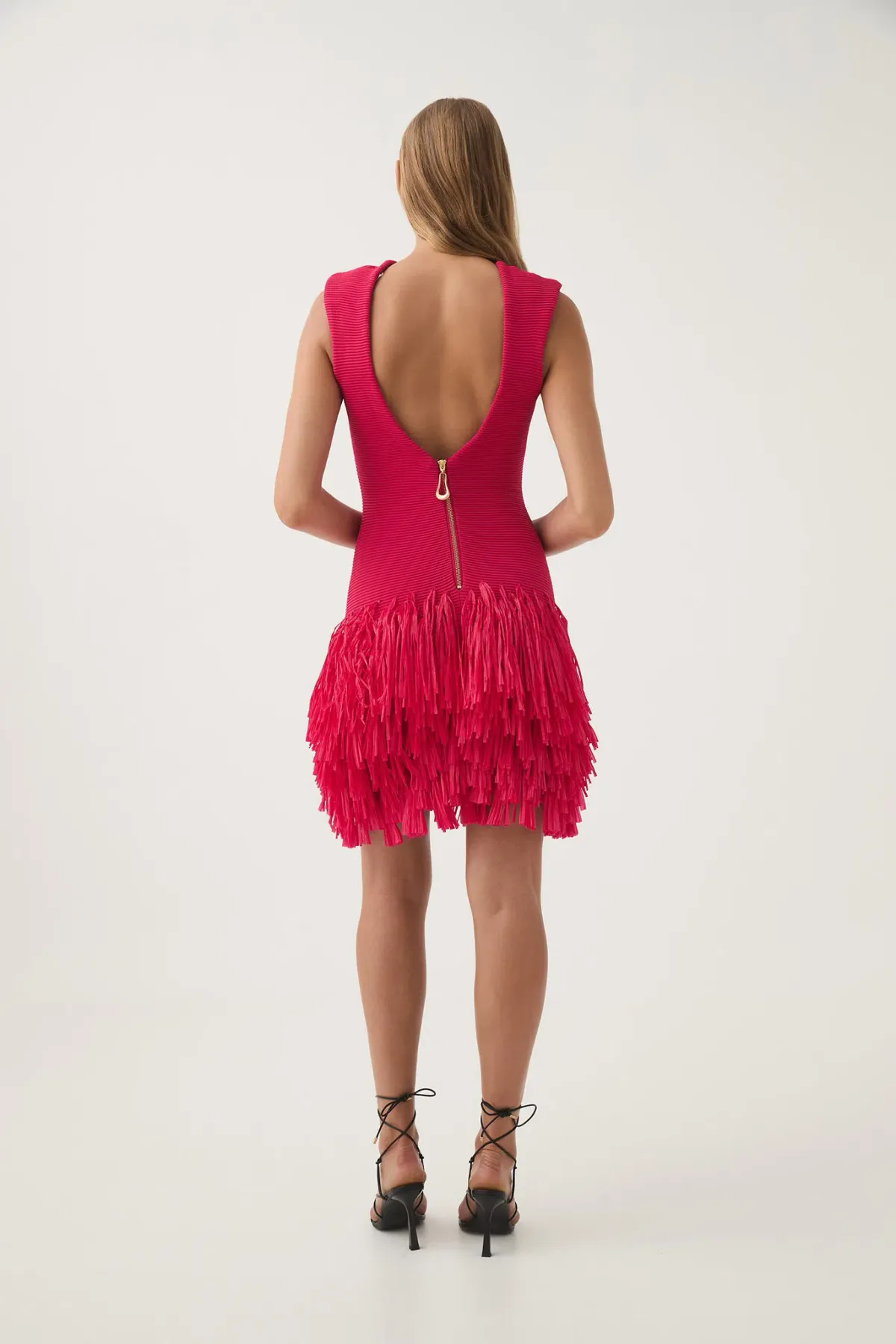 Aje Rushes Raffia Knit Mini Dress Deep Fuschia Size S /Au 8 - Image 3