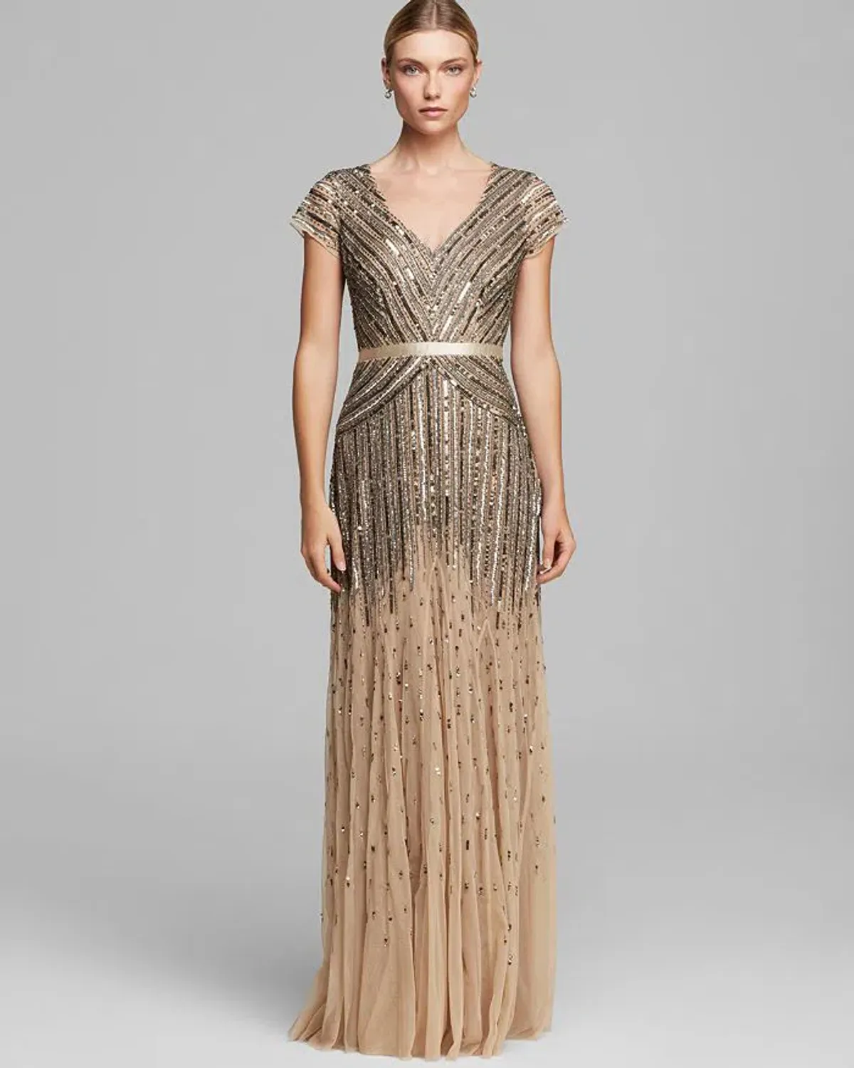 Adrianna Papell Sequinned V-Neck Cap Sleeve Gown - Gold - Size 16 - Image 1