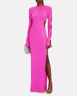 Mach & Mach Stretch Knit Cut Out Crystal Bow Sleeves Maxi Dress Pink Size 8 for rent on The Volte - image 1