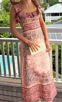 Zimmermann Matchmaker Frilled Midi Dress Pink Bandana Size 0 / AU 8 for rent on The Volte - image 3