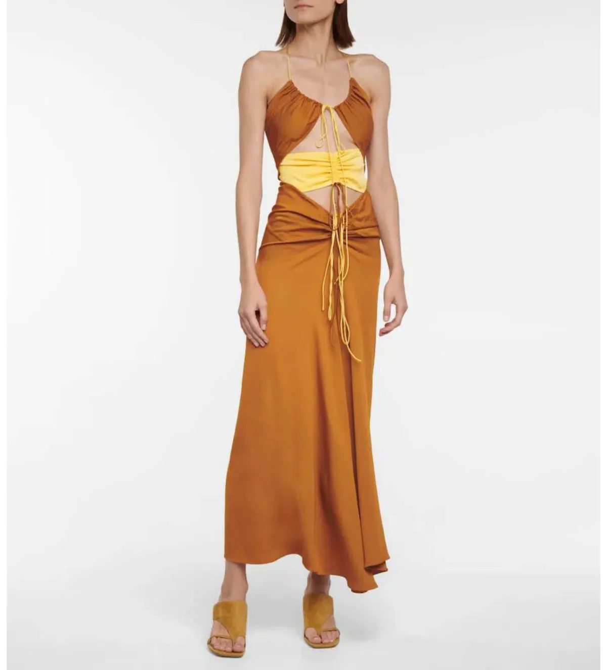 Christopher Esber  Multi Panel Disconnect Ruched Halter Dress Caramel/Chalky Yellow Size 12 AU - Image 1