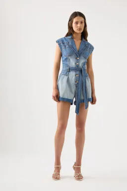 Aje Ines Panelled Denim Playsuit Twintone Indigo Size 14  for rent on The Volte - image 1
