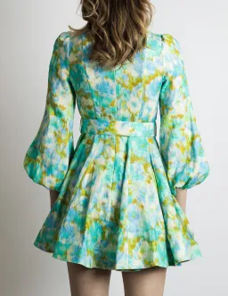 Zimmermann High Tide Buttoned Mini Dress Aqua Ikat Floral Size 2/ AU 12 for rent on The Volte - image 3