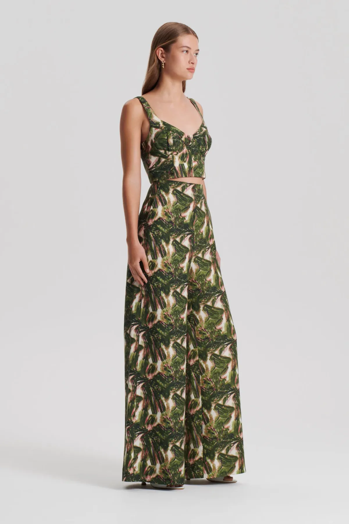 Scanlan Theodore Italian Printed Linen Bralette in Size 10 & Trouser in Size 8 Set Khaki - Image 1