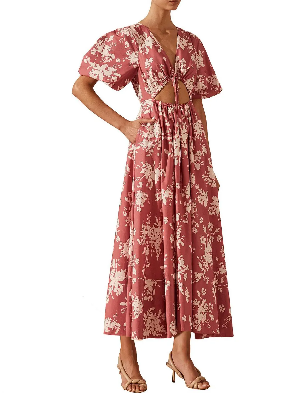 Shona Joy Cali Short Sleeve Cut Out Midi Dress Pink Floral Size 10 - Image 2