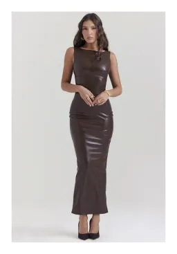 House of CB Sahara Vegan Leather Maxi Dress in Cocoa Size XS/ AU 6 for rent on The Volte - image 1