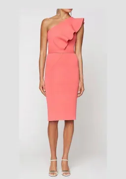 Scanlan Theodore Crepe Knit Ruffle Dress Watermelon Pink Size 6 for rent on The Volte - image 1